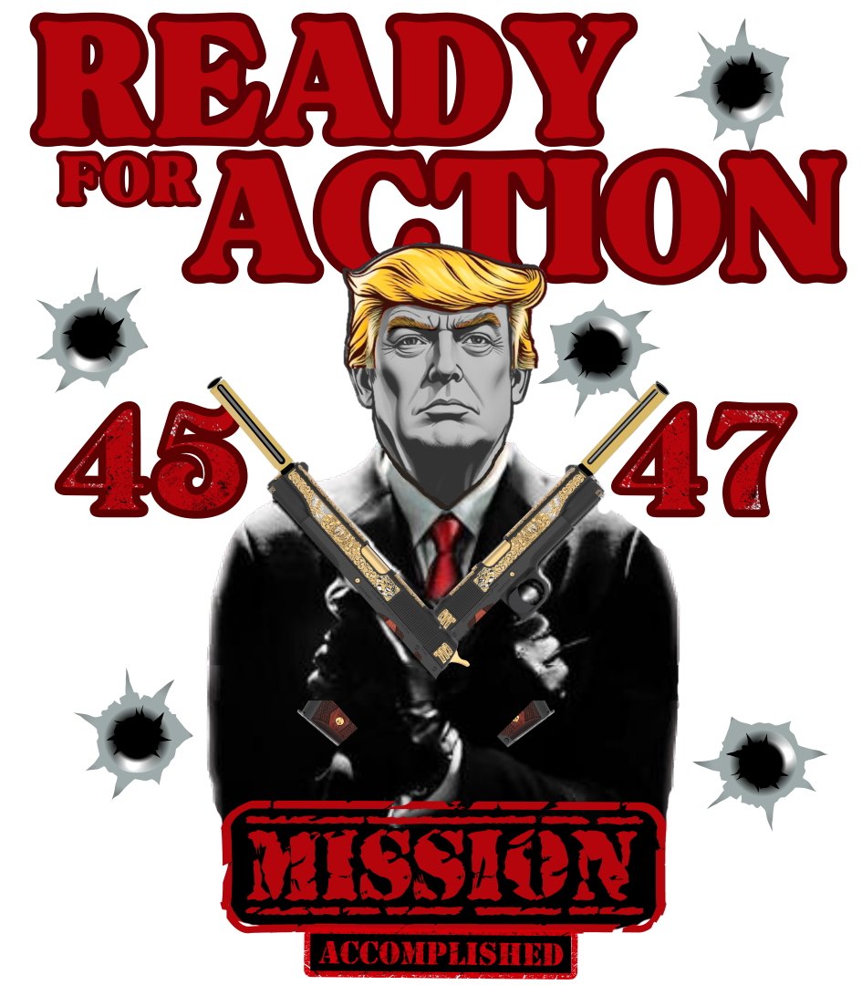 4547 Trump Shirts - A design of Trump dressed in a sleek suit reminiscent of Agent 47, complete with a red tie that symbolizes power.  The dual Colt 45 pistols are a nod to his status as the 45th President and return as the 47th