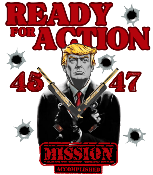 4547 Trump Shirts - A design of Trump dressed in a sleek suit reminiscent of Agent 47, complete with a red tie that symbolizes power.  The dual Colt 45 pistols are a nod to his status as the 45th President and return as the 47th