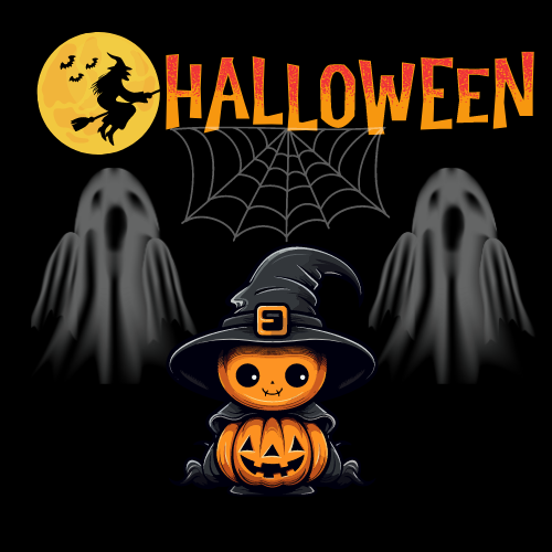 Halloween Shirts Collecton. Image contains two sheet ghosts a witch pumpkin and a witch flying on a broomstickacross a full moon 