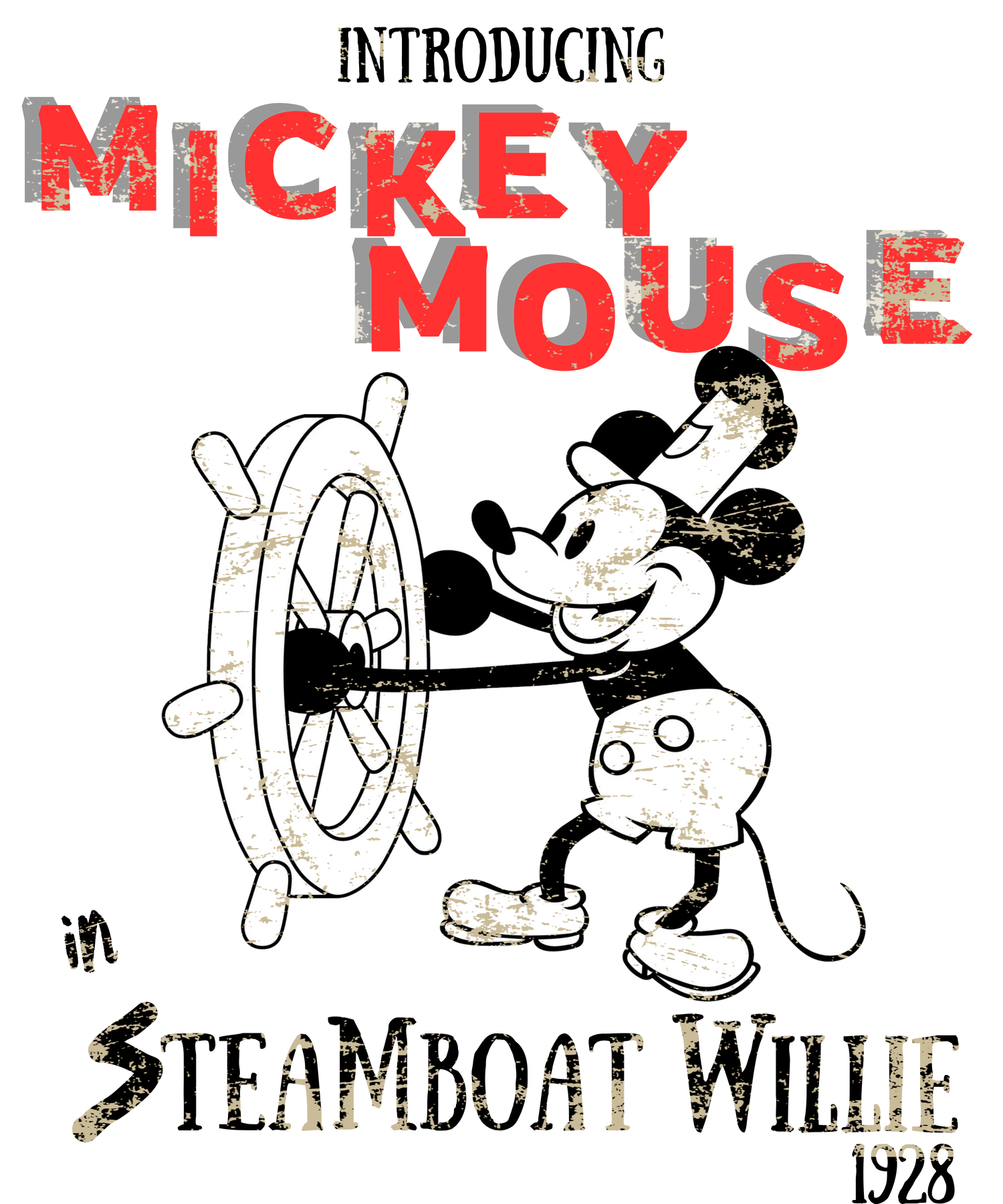 1928 Mickey Mouse Steamboat Willie Shirt Collection. Image contains the iconic image of Micky at the wheel of the steamboat.