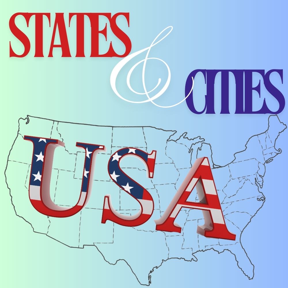 Collection of the United States and cities. Image contains the text USA inside of the outline of America