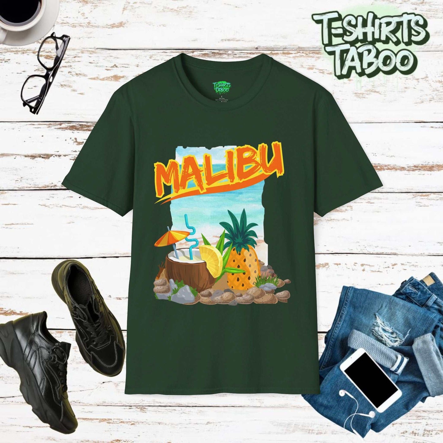 Malibu Short Sleeve Shirt with a graphic of a coconut cocktail and a pineapple with the backdrop of a beach. Malibu written at top. for kardamena Kos Island lovers. 