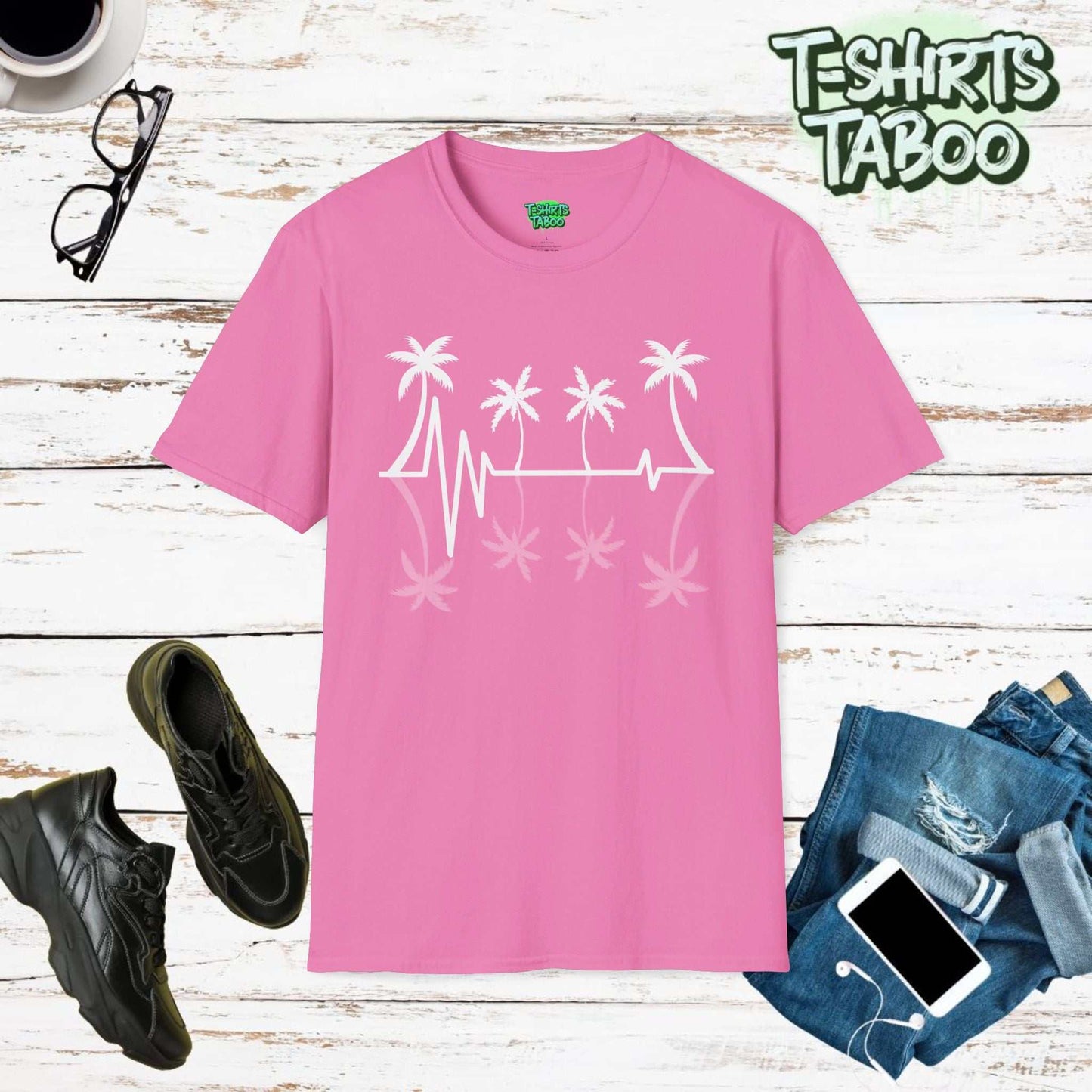 Experience the 'Palm Life' with our tee featuring a heartbeat graphic and palm trees. Perfect for those who love tropical vibes and beach life.