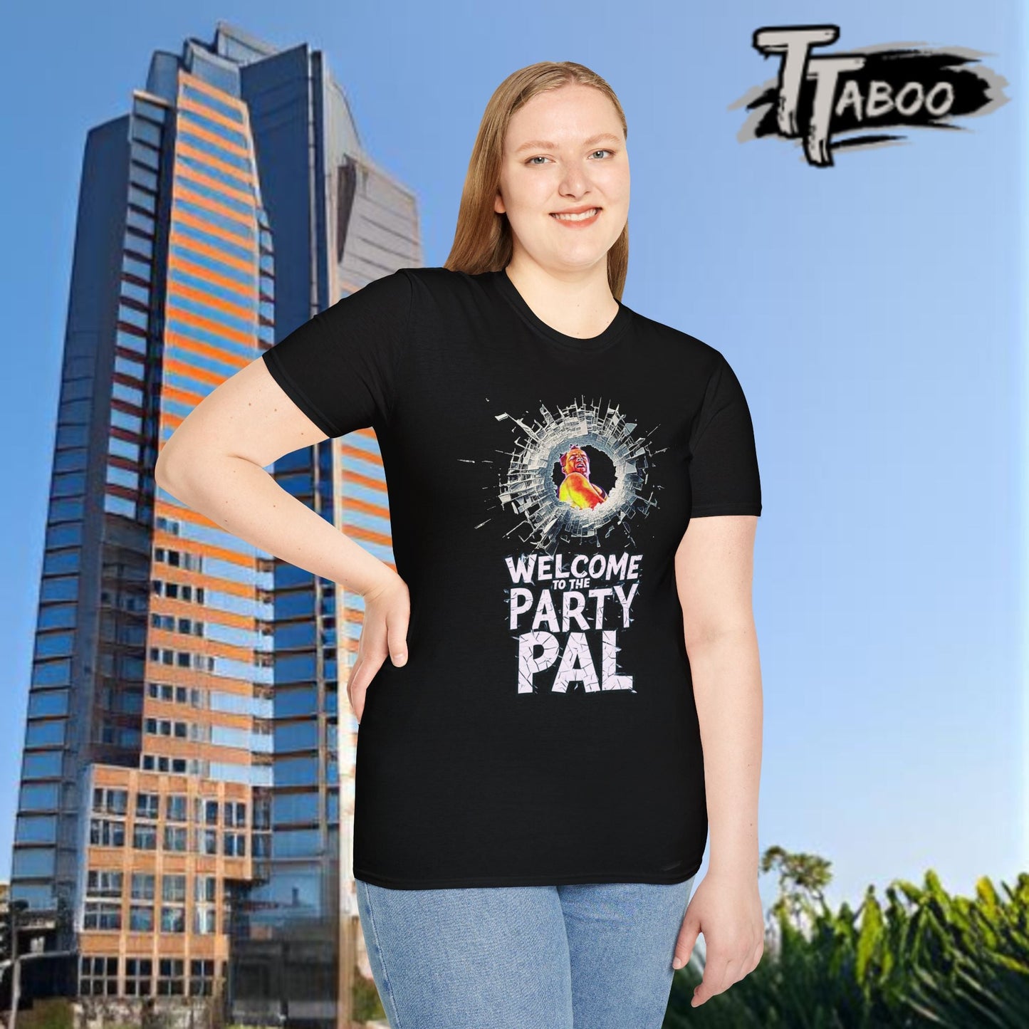 Our Die Hard Christmas Shirts, featuring a artist impression. The scene is John McClane pearing down at the cop car outside the front of Nakatomi Plaza. Shop Now ⬆.