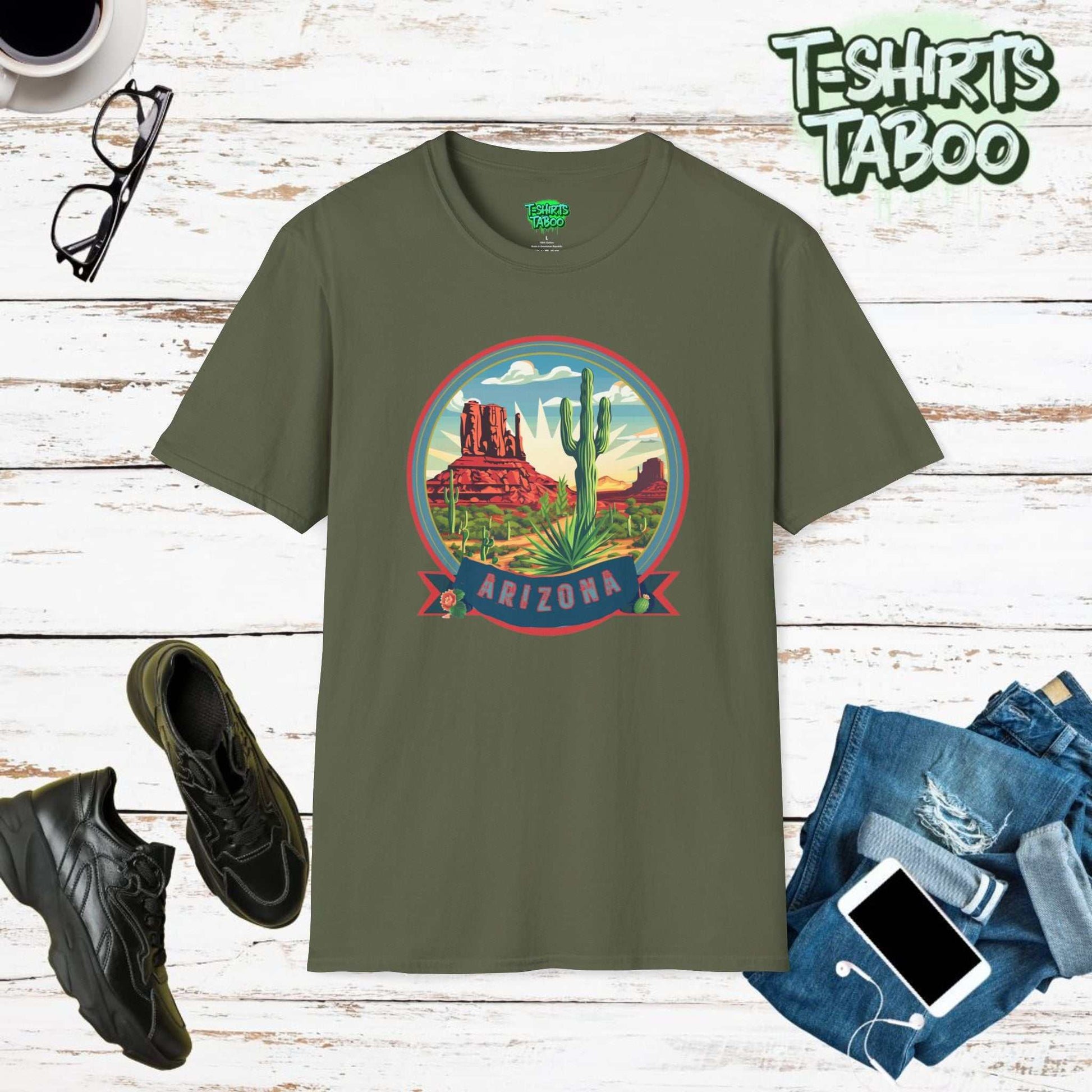 Arizona soft t-shirt, designed to captivate and inspire. This exclusive tee features ++bold text of Arizona with a stunning image of canyons and a dessert landscape.