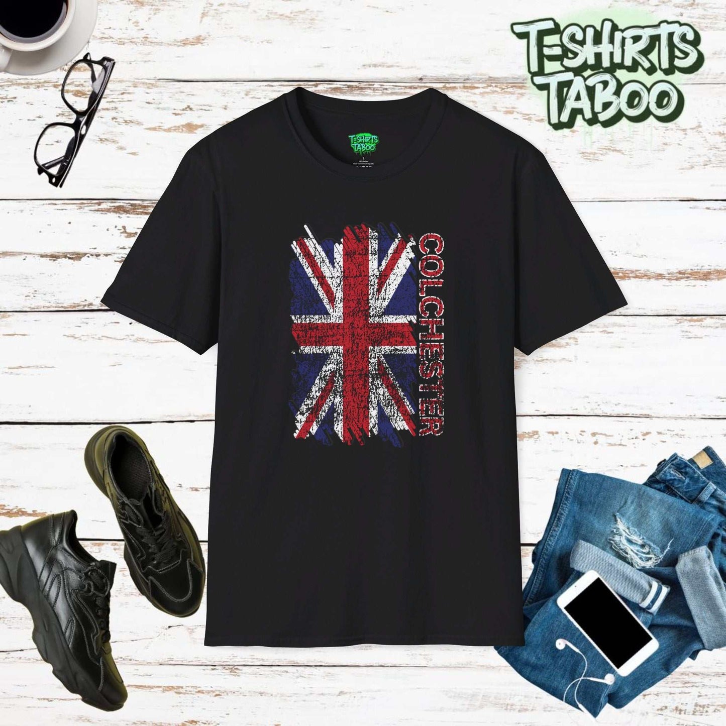 Celebrate British pride and heritage with our Union Jack Flag Distressed Style T-Shirt. This  tee has a beautifully distressed Union Jack flag, with text Colchester.