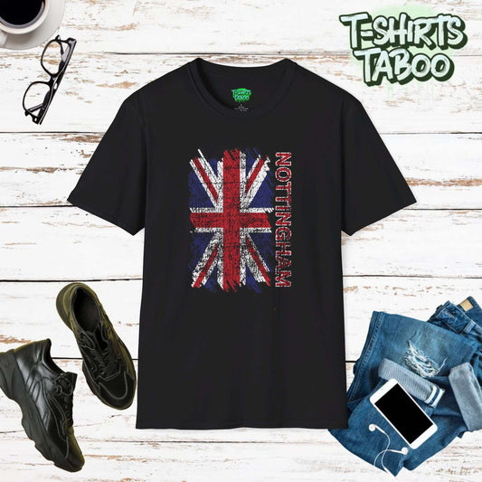 Celebrate British pride and heritage with our Union Jack Flag Distressed Style T-Shirt. This  tee has a beautifully distressed Union Jack flag, with text Nottingham.