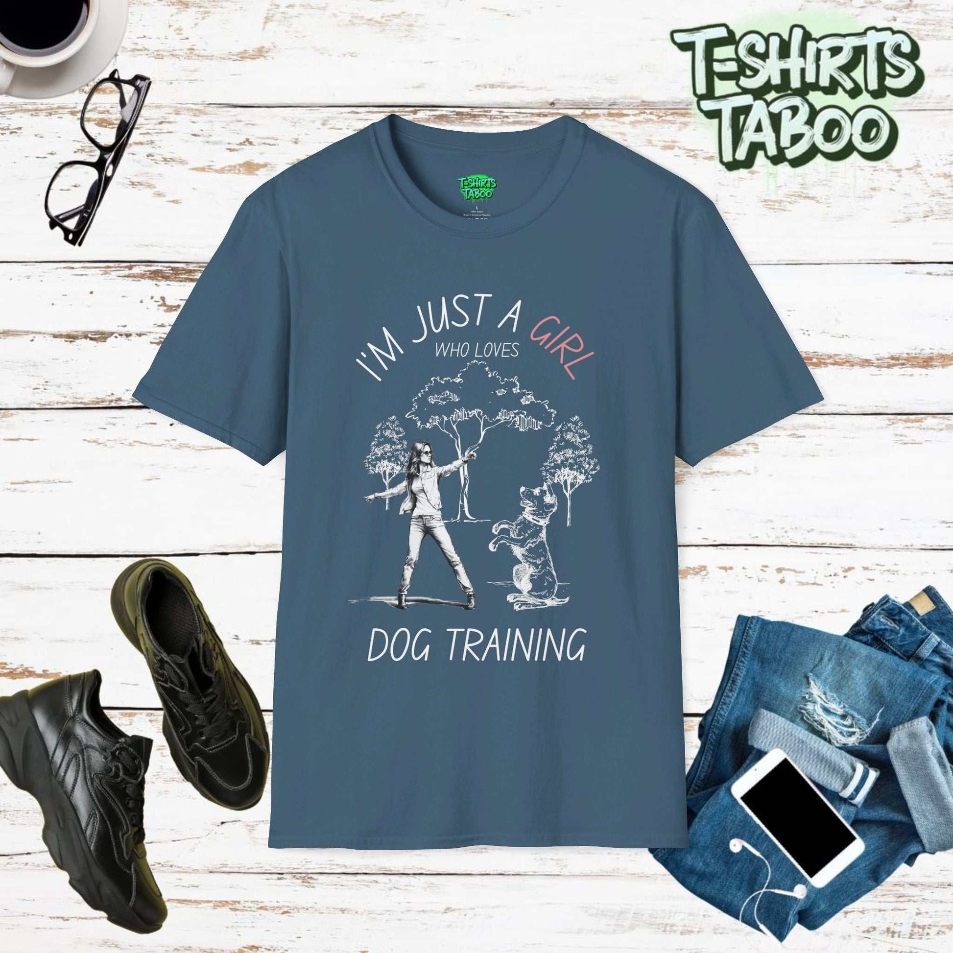 Stylish and unique super soft Tshirt by T-shirts Taboo featuring the slogan I'm Just A Girl Who Loves Dog Training. Clear and bold text only statement design tshirt.