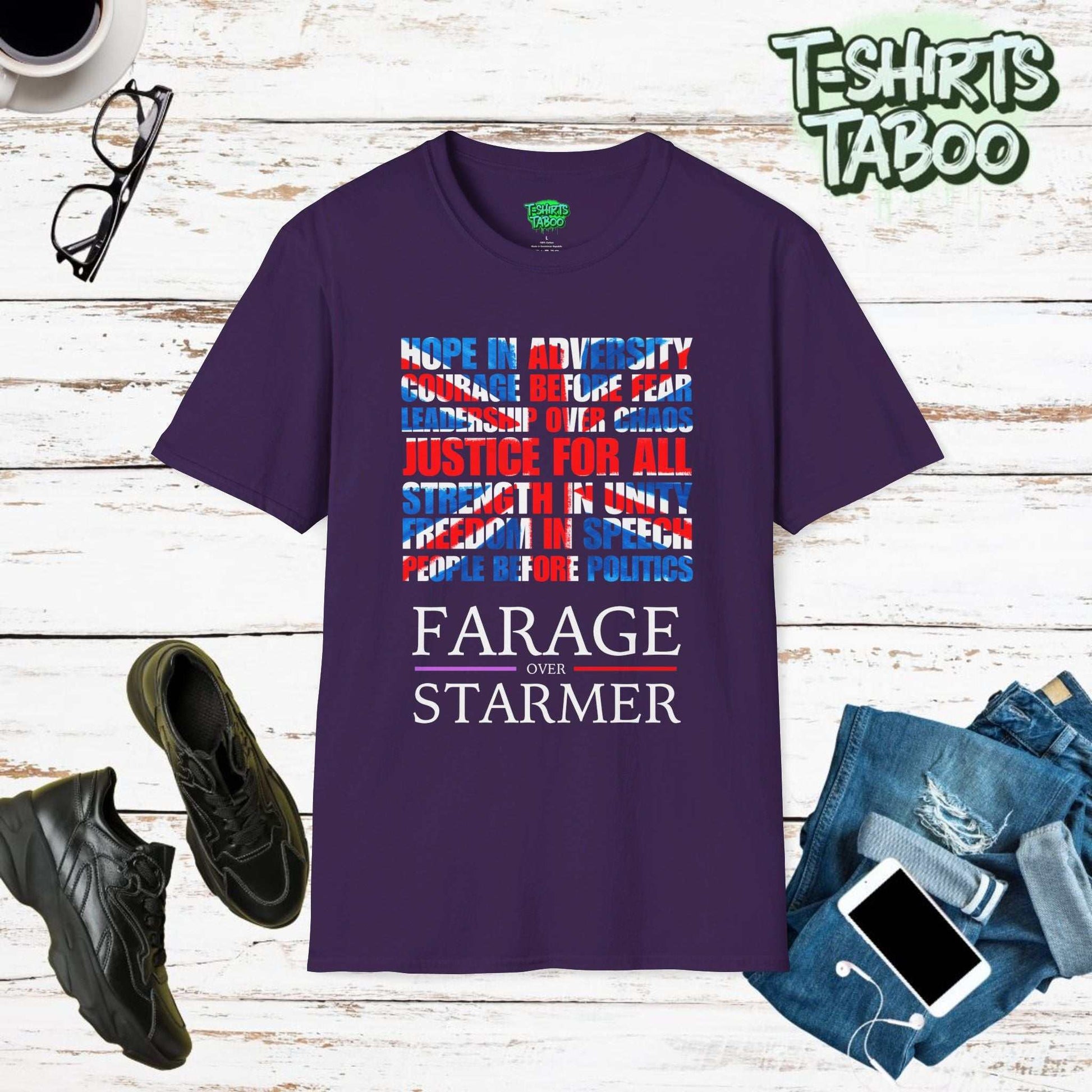 Nigel Farage t-shirt that embodies values & vision for a revitalized UK. A eye-catching tee with a dynamic Union Jack, cleverly made from bold inspirational phrases