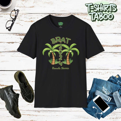 Brat Coconut 2024 Shirt a unique and playful homage to political satire with a funny tropical twist. This t-shirt design Brat 2024 Text, 2 palm trees & Kamala Harris