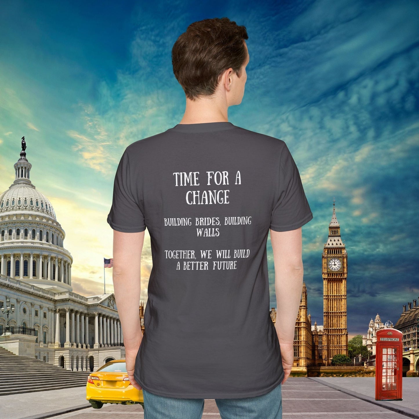 This powerful double-sided political statement t-shirt features thought-provoking messages on front and back. Our Trump shirts combines British and American politics