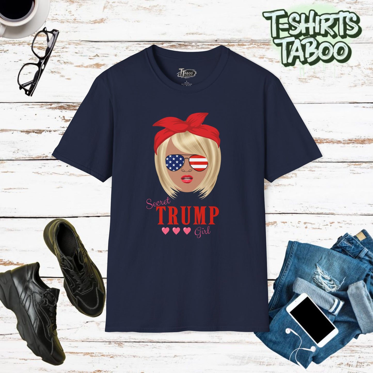 Secret Trump Girl, show off your unique style and patriotism with the Secret Trump Girl t-shirt! Featuring a trendy design with leopard print details, this s