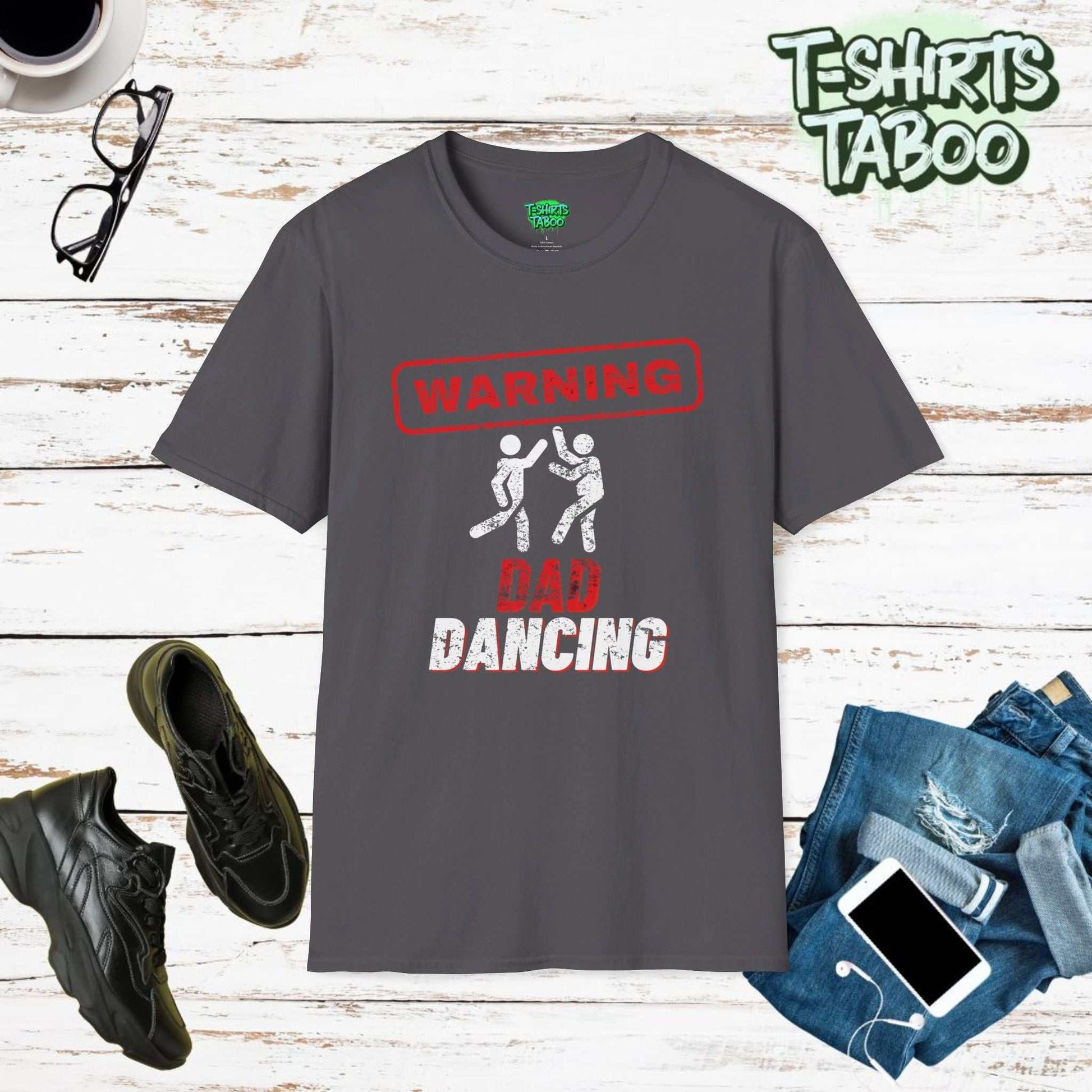 Slogan Warning dad dancing a graphic of two basic people badly dancing. Similar to the people often on road signage. Clear text t-shirt. Perfect for dad casual wear.