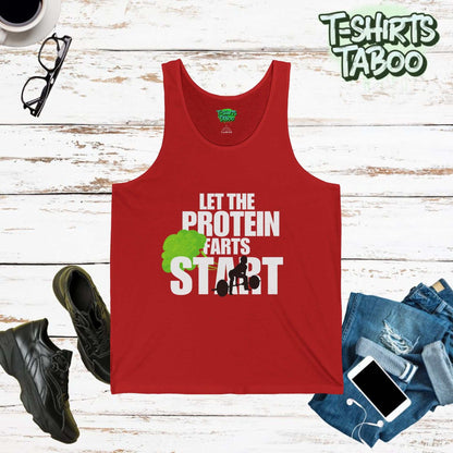 Workout Tank with the slogan Let the Protein farts start. Bold text funny joke tank with graphic of weightlifter lifting weights whilst farting.  Great for workouts.