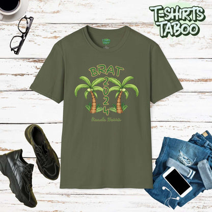 Brat Coconut 2024 Shirt a unique and playful homage to political satire with a funny tropical twist. This t-shirt design Brat 2024 Text, 2 palm trees & Kamala Harris