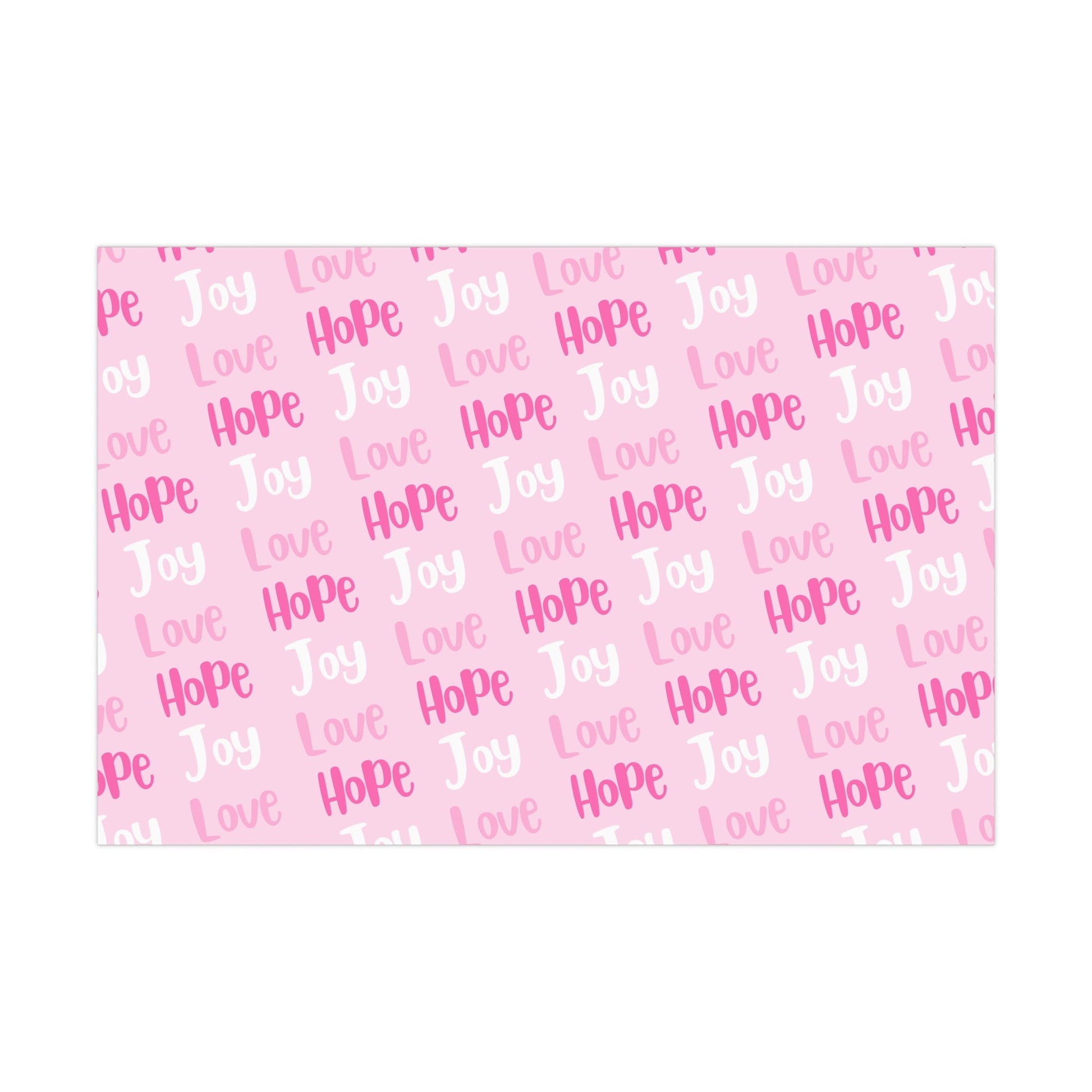 Make your holiday season sparkle with this vibrant pink Christmas wrapping paper roll! Designed with the festive faith words Joy, Love, and Hope in bright,  Avalilable in 3 sizes - 30 x 20 inch 30 x 72 inch and 30 x 144 inch