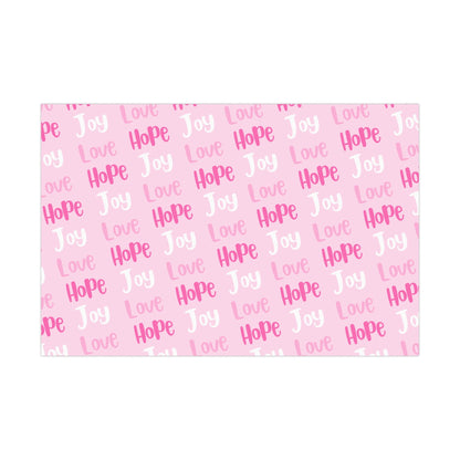 Make your holiday season sparkle with this vibrant pink Christmas wrapping paper roll! Designed with the festive faith words Joy, Love, and Hope in bright,  Avalilable in 3 sizes - 30 x 20 inch 30 x 72 inch and 30 x 144 inch