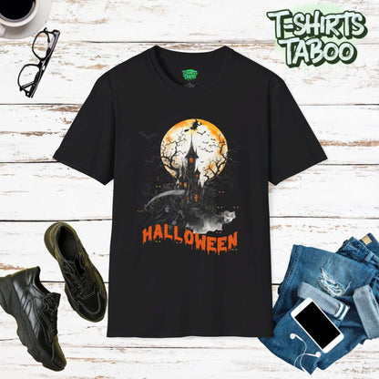 Halloween Shirts Haunted House Grim Reaper Witch On Flying Broomstick T-shirt