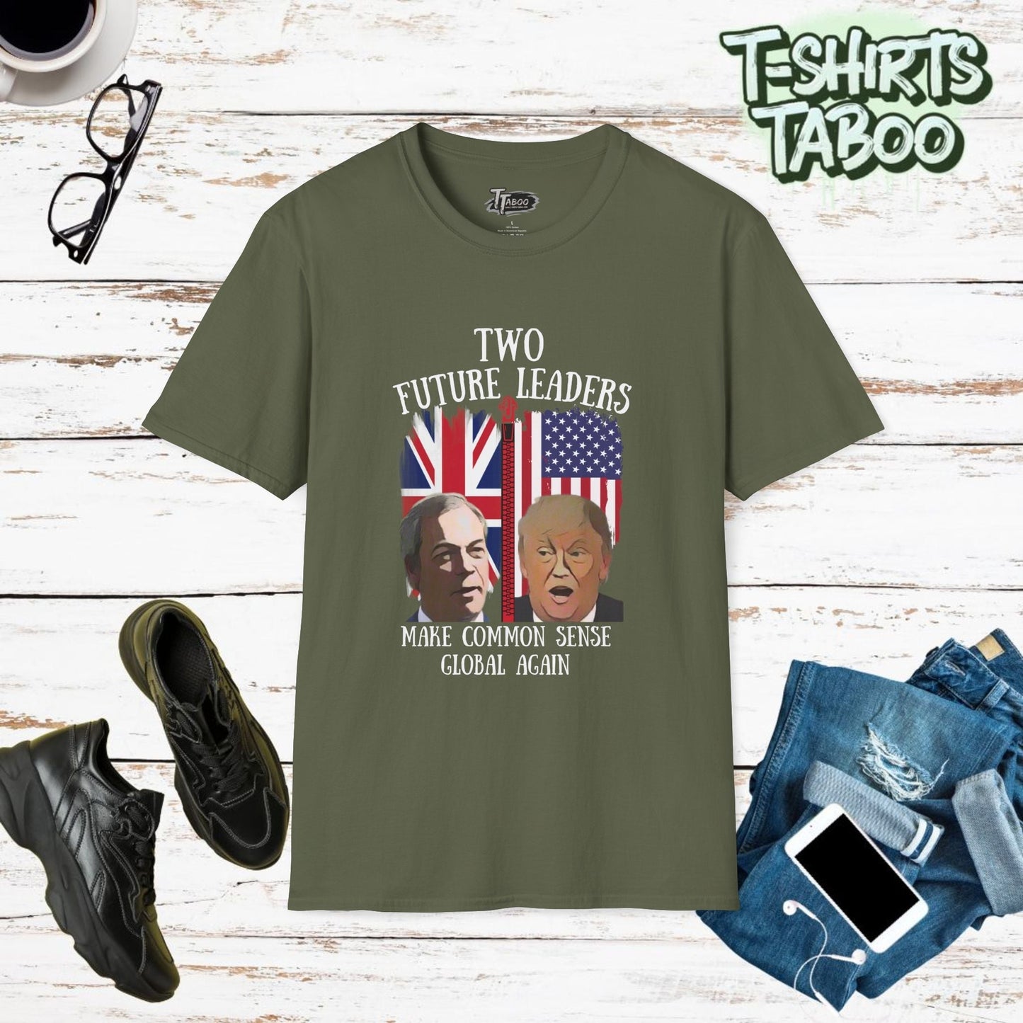 This powerful double-sided political statement t-shirt features thought-provoking messages on front and back. Our Trump shirts combines British and American politics