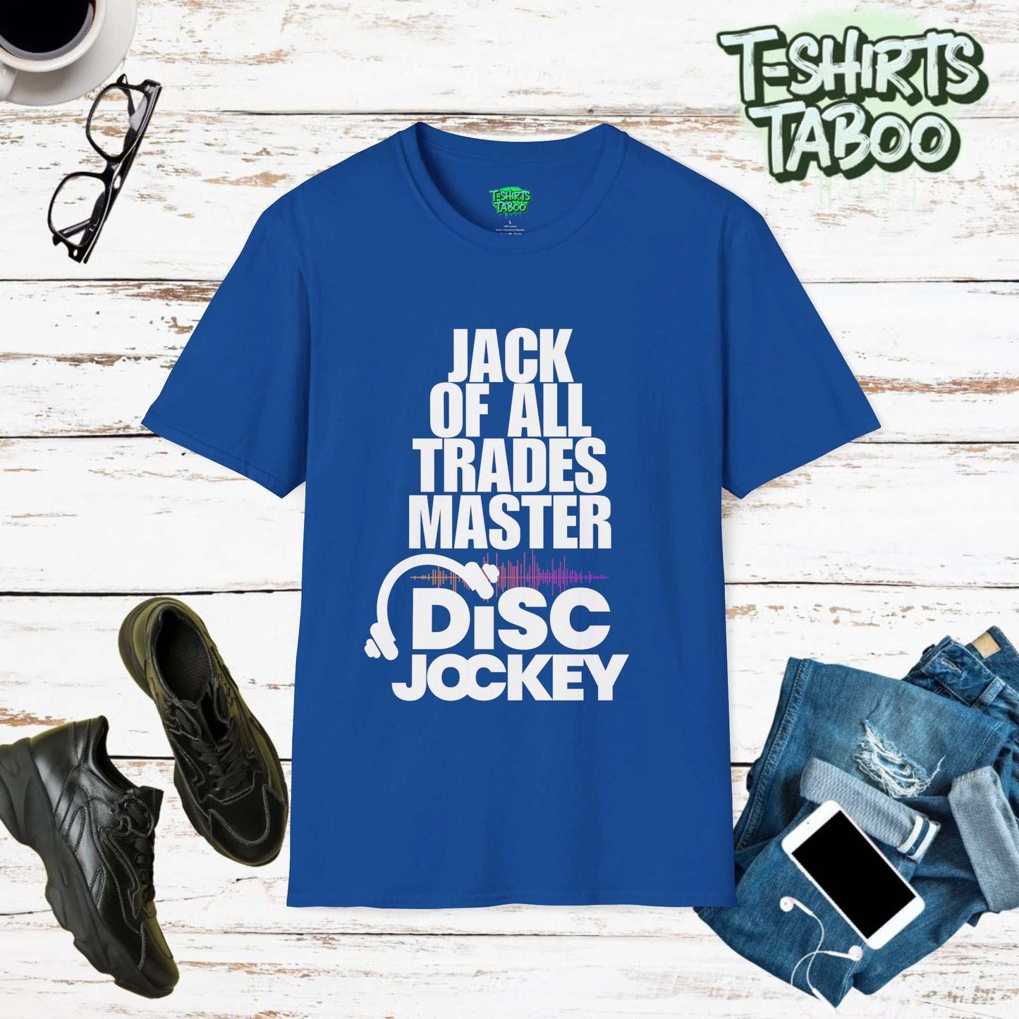 Jack Of All Trades Master of the Decks DJ Disc Jockey Headphone TShirt