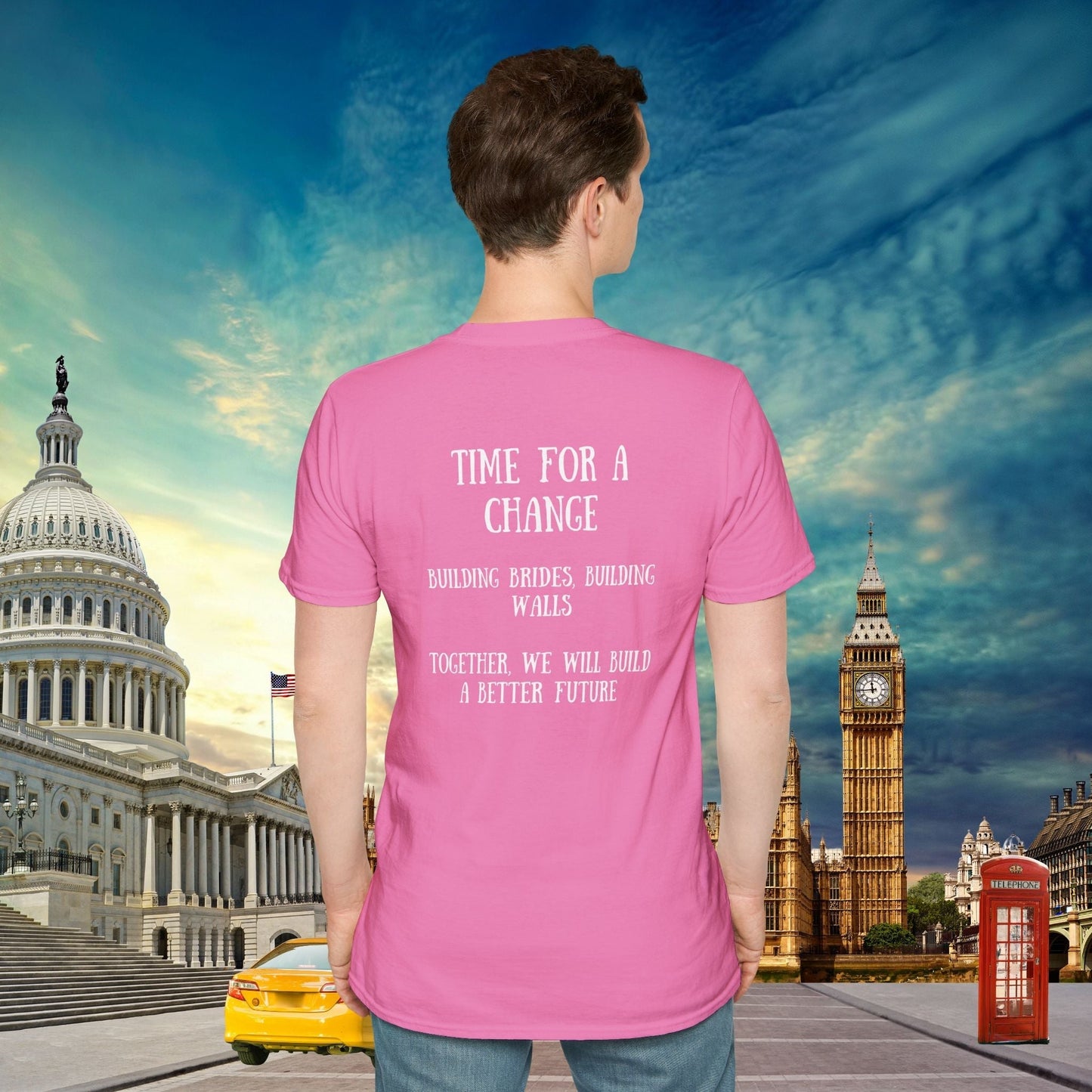 This powerful double-sided political statement t-shirt features thought-provoking messages on front and back. Our Trump shirts combines British and American politics