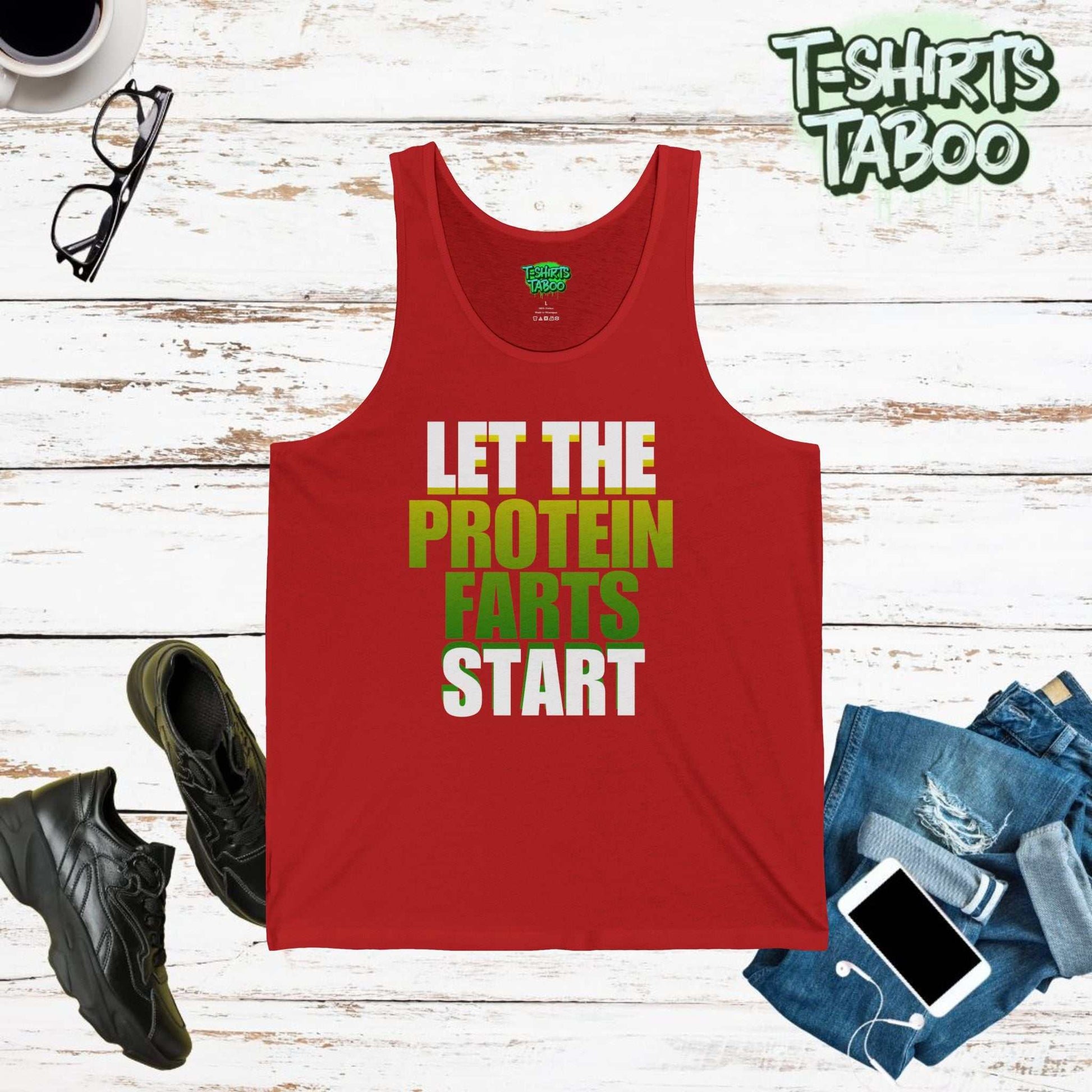 Workout Tank Top featuring the slogan Let the Protein farts start. Clear and bold text funny statement tank.  Perfect for weightlifters, gym goers, workouts fun wear