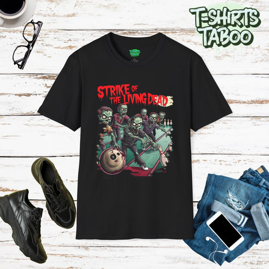 Strike of the Living Dead Zombie Themed Halloween Shirts Show love for bowling shirts and horror with Strike of the Living Dead t-shirt perfect for the spooky season