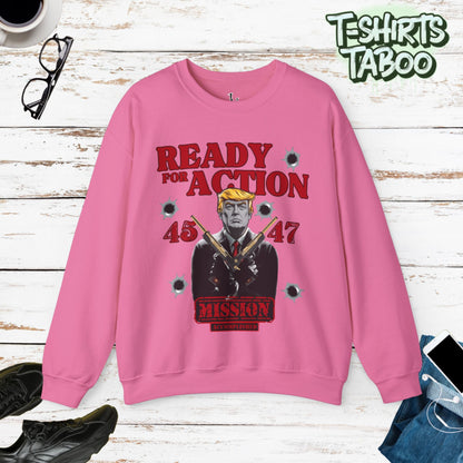 Celebrate record breaking returns with our clever political memorabilia 4547 Trump Sweatshirts with Donald Trump as the iconic Agent 47 holding duel Colt 45's Shop Now