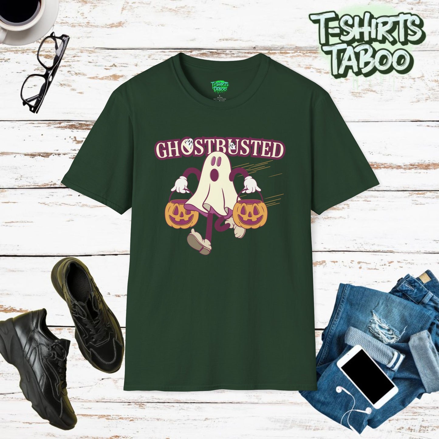 Spice up your Halloween shirts wardrobe with the Ghostrusted t shirt! with a vintage cartoon-style sheet ghost running fast and carrying two pumpkin jack o'lanterns.