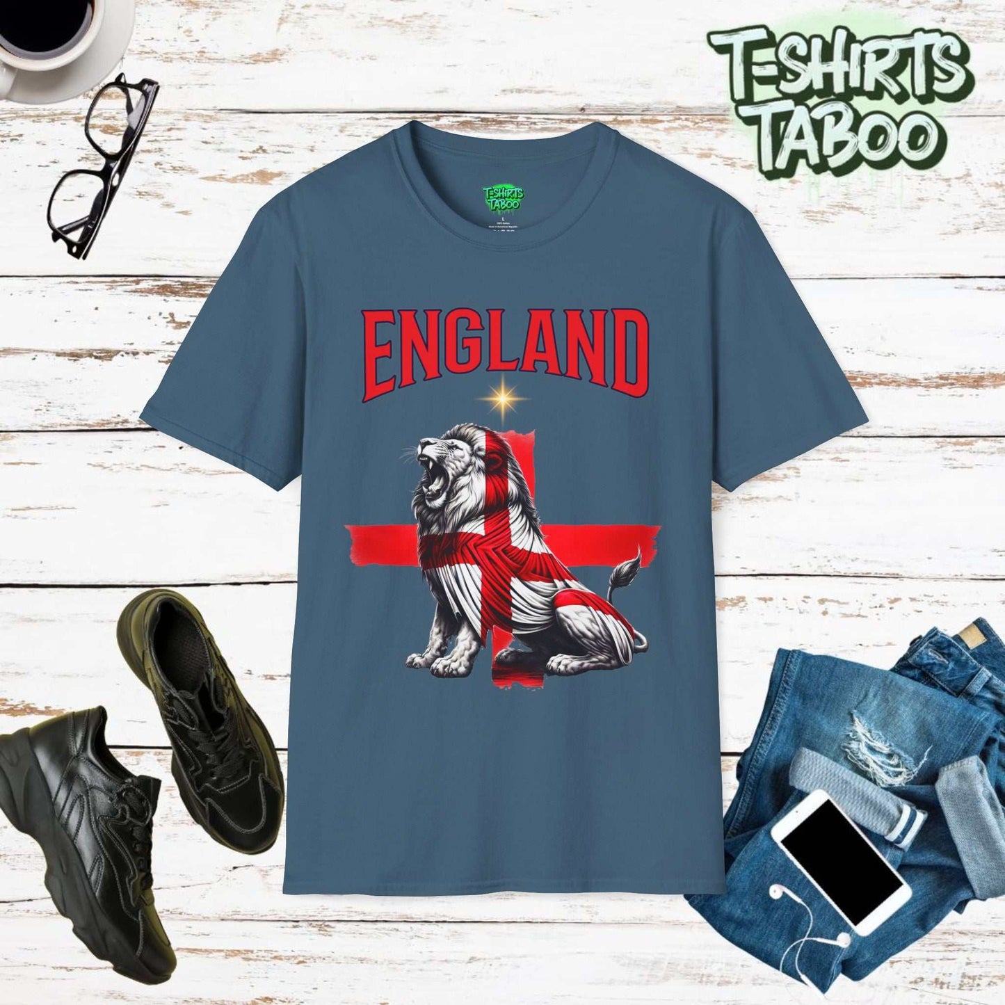 Roaring Lion Unique England Football Supporters Union Jack Flag Tshirtis a unique football t-shirt that is ideal for any England national football supporter and fans