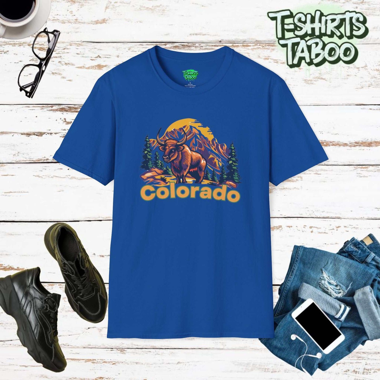 Colorado Big Horn Sheep t-shirt,this captures the majestic beauty of Colorado's wildlife and landscapes. This tee features a big horned sheep in the Rocky Mountains 