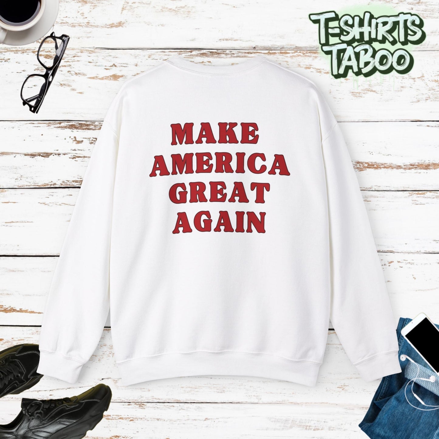 Celebrate record breaking returns with our clever political memorabilia 4547 Trump Sweatshirts with Donald Trump as the iconic Agent 47 holding duel Colt 45's Shop Now