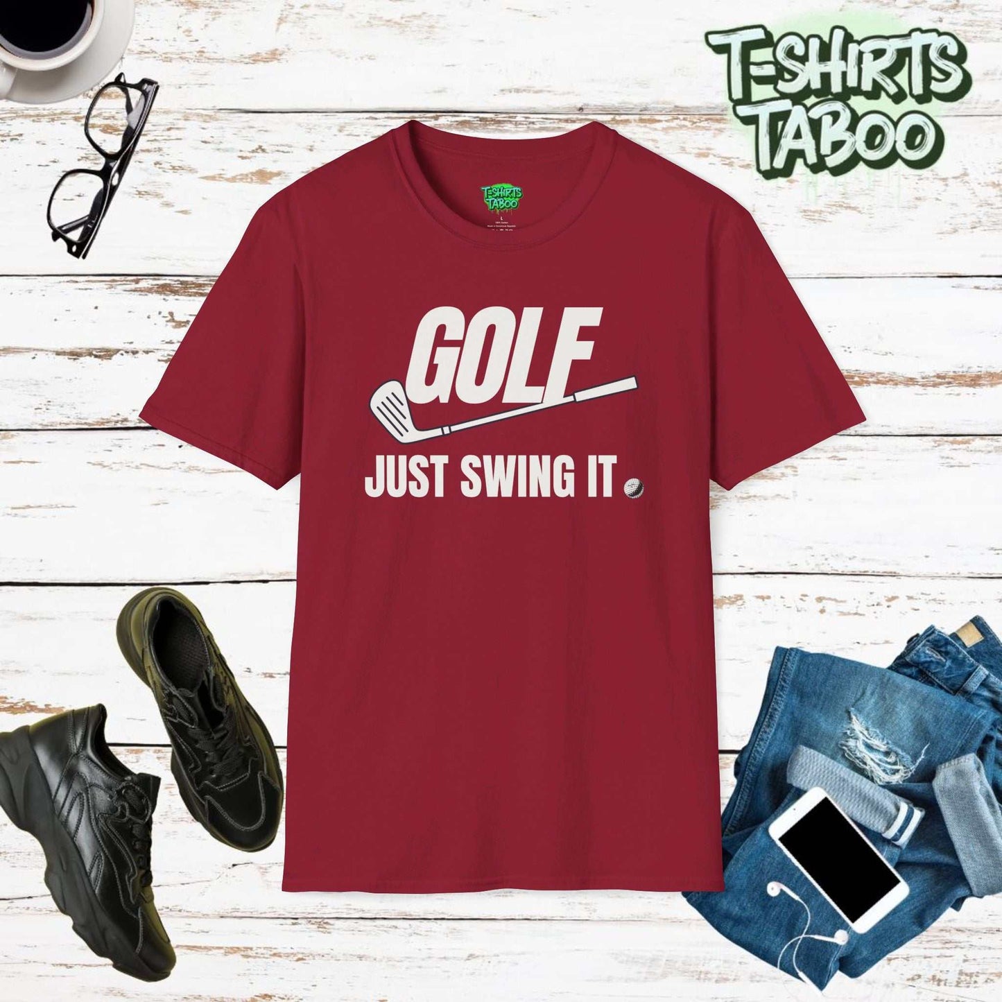 Show off your golfing spirit with our "Just Swing It Golf" t-shirt, it's ideal for the fairway or casual outings. Perfect for Most Golfing Lovers  Golf Club T-shirt.