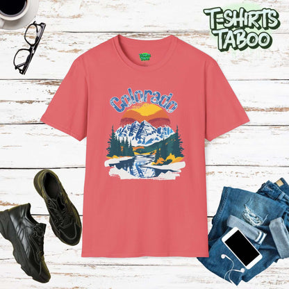 Colorado t-shirt is designed to capture the beauty of Colorado's landscapes. This captivating tee has the Rocky Mountains with the sun setting behind the mountains. 