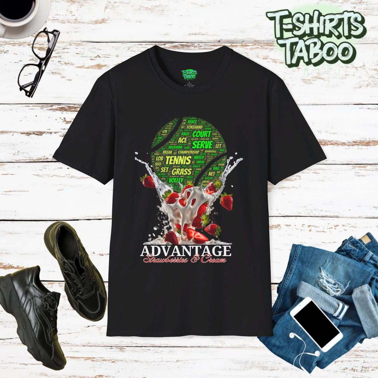 Serve up style with our "Advantage Strawberries & Cream Word Ball" t-shirt. Perfect shirt for  tennis enthusiasts who love a classic british style tournament flavor.