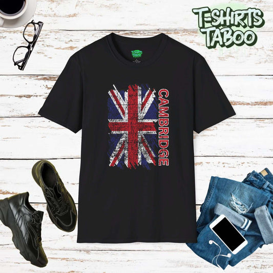 Celebrate British pride and heritage with our Union Jack Flag Distressed Style T-Shirt. This  tee has a beautifully distressed Union Jack flag, with text Cambridge.