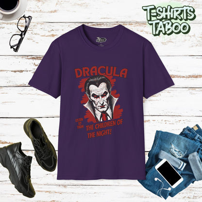 Treat yourself this Halloween with these eye-catching Dracula-themed Halloween shirts. Featuring Dracula & the iconic quote "Listen to Them,the Children of the Night