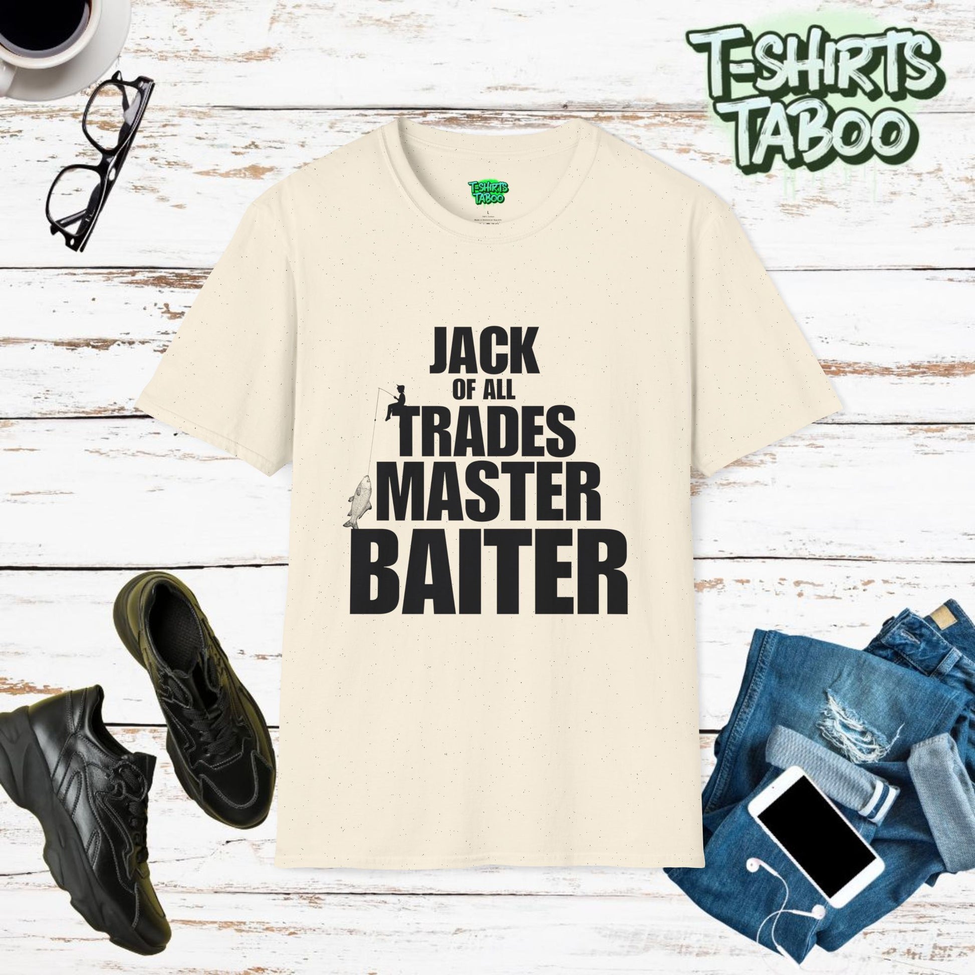 Stylish and unique fishing T-shirt by T-shirts Taboo saying the slogan Jack of all trades master baiter. Also has a graphic of a little boy fishing sitting on the T.