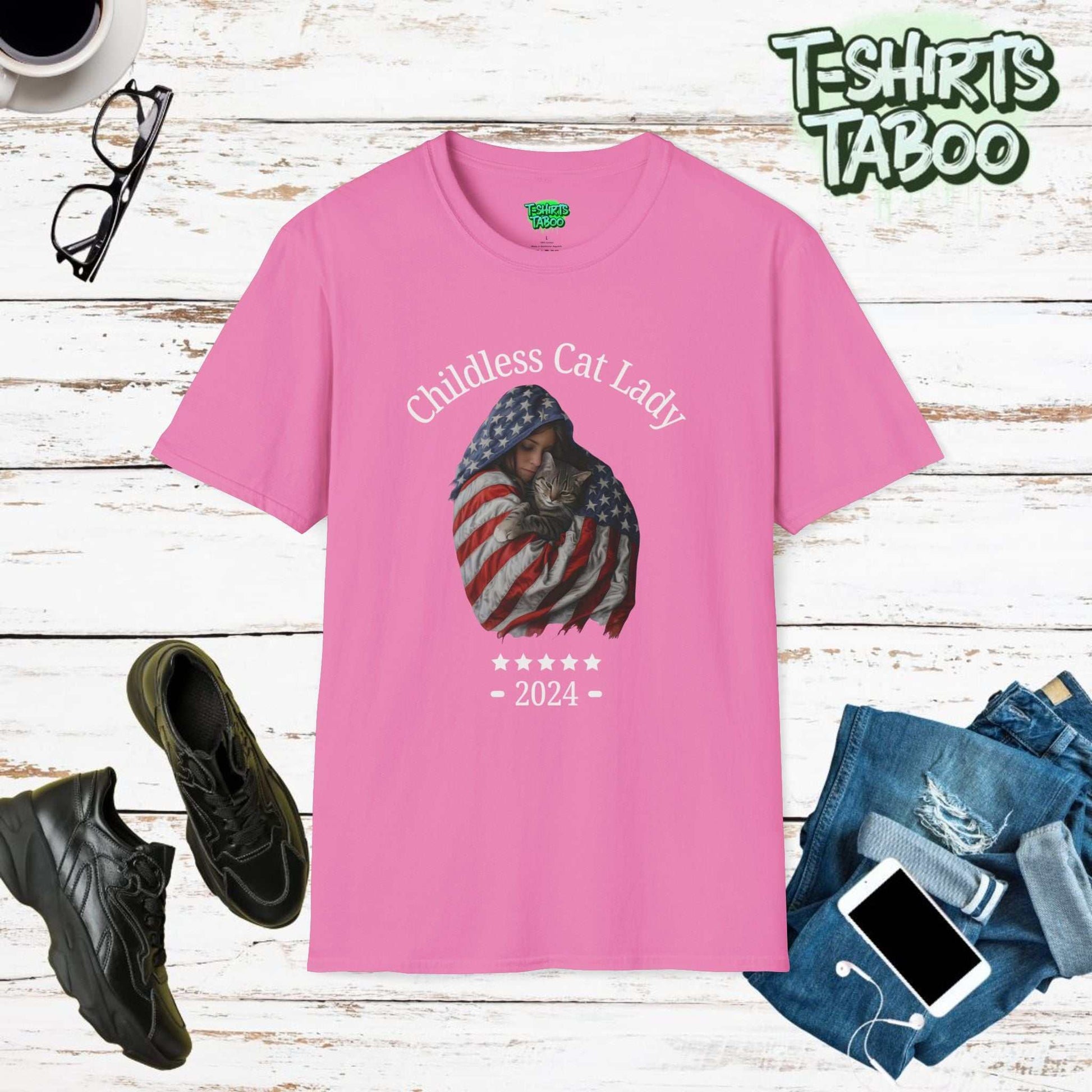 Embrace your love for cats and your pride in being a childless lady with our lovely & charming Childless Cat Lady 2024 United States  Stars and Stripes flag T-Shirt.