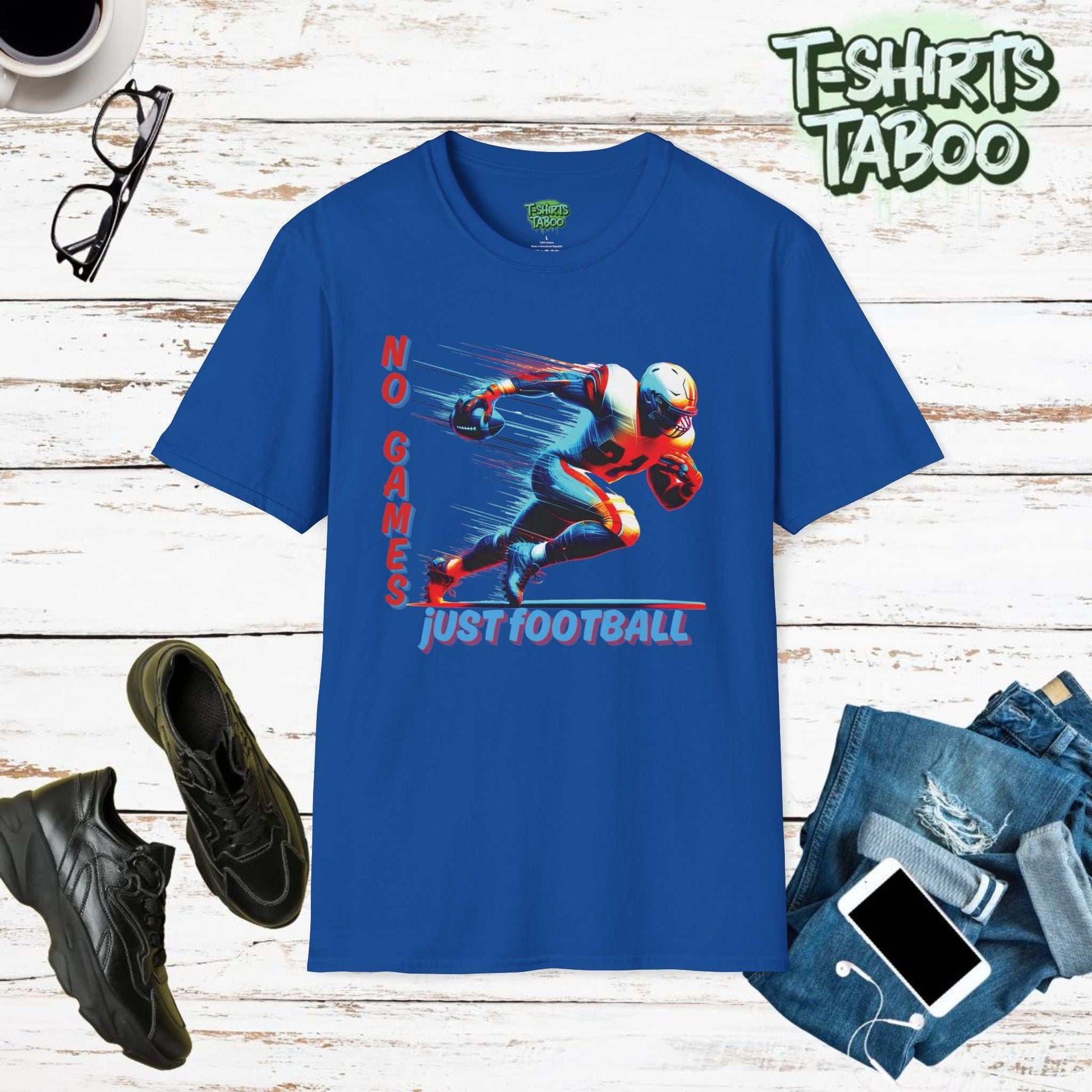 No Games, Just Football Tee rugged style for football fans. Colourful and Vibrant graphic of American Footbal and blue and red text to match the style of the imagery