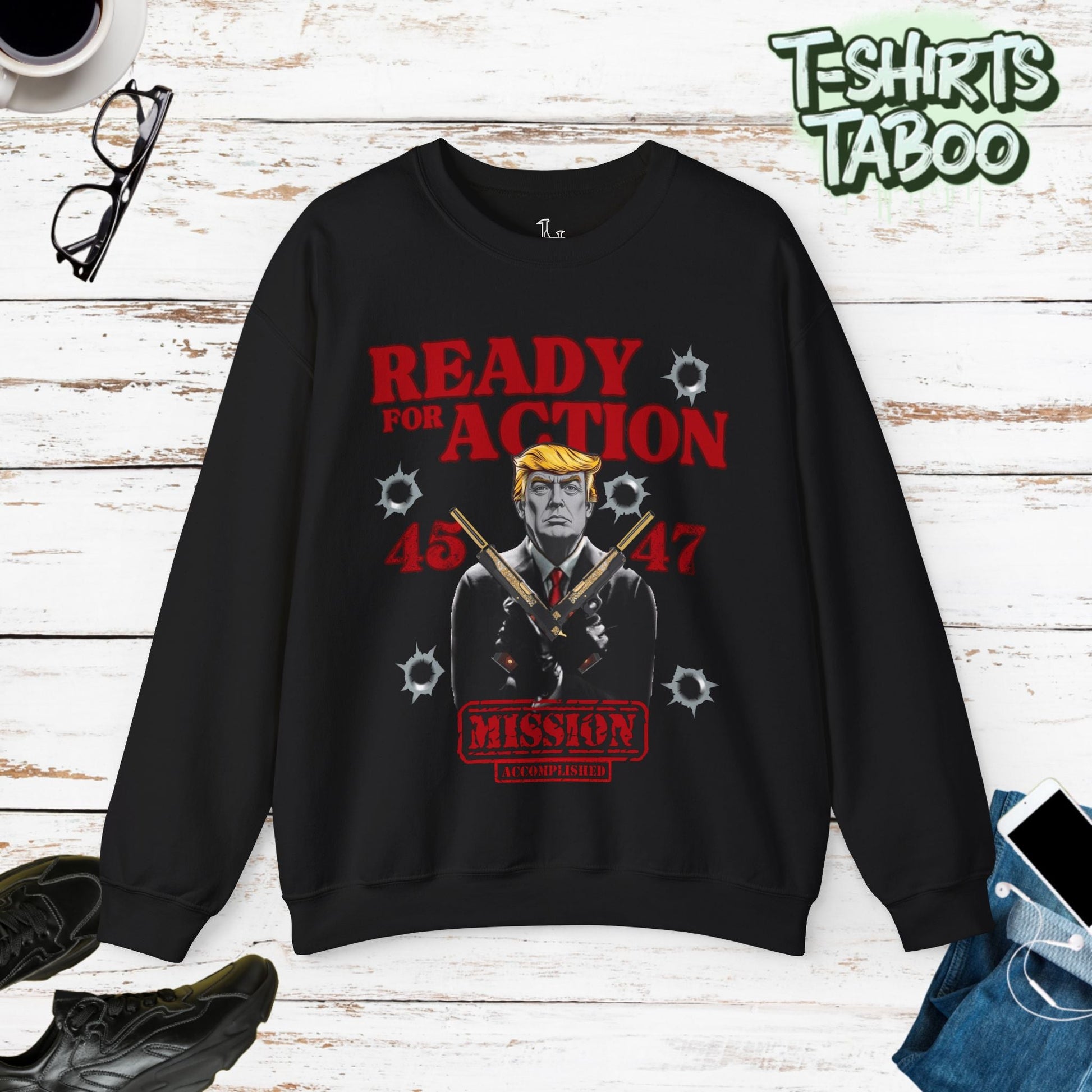 Celebrate record breaking returns with our clever political memorabilia 4547 Trump Sweatshirts with Donald Trump as the iconic Agent 47 holding duel Colt 45's Shop Now