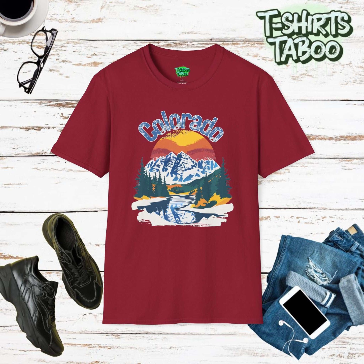 Colorado t-shirt is designed to capture the beauty of Colorado's landscapes. This captivating tee has the Rocky Mountains with the sun setting behind the mountains. 