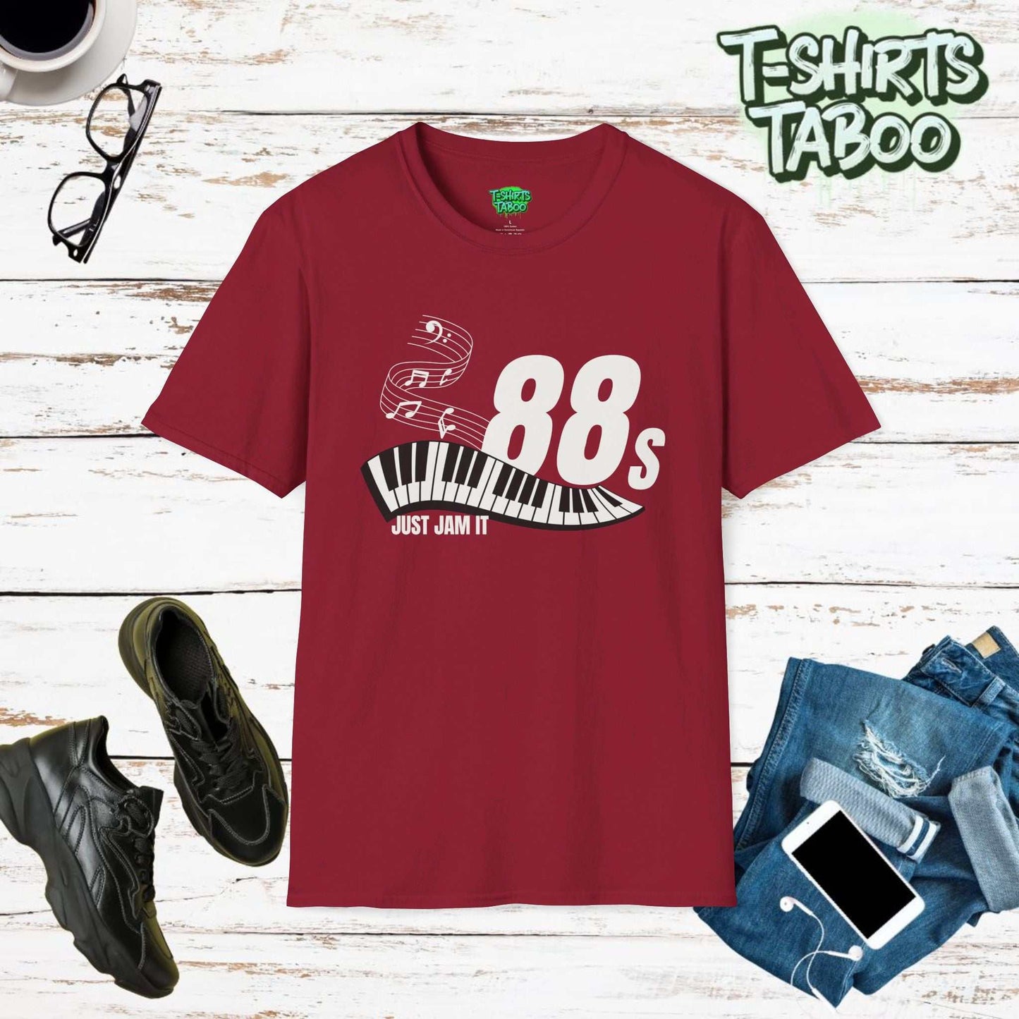 Celebrate your love for music with the '88s Just Jam It' T-shirt. Featuring piano keys, 88's, and music notes, this tee is perfect for a music lover or keen pianist