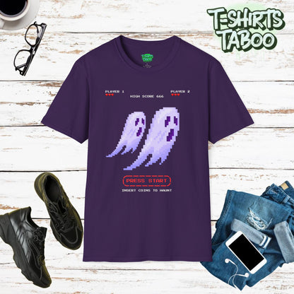 Halloween shirts - 80's style retro gaming halloween t shirt with two pixelated sheet ghosts, press start to haunt