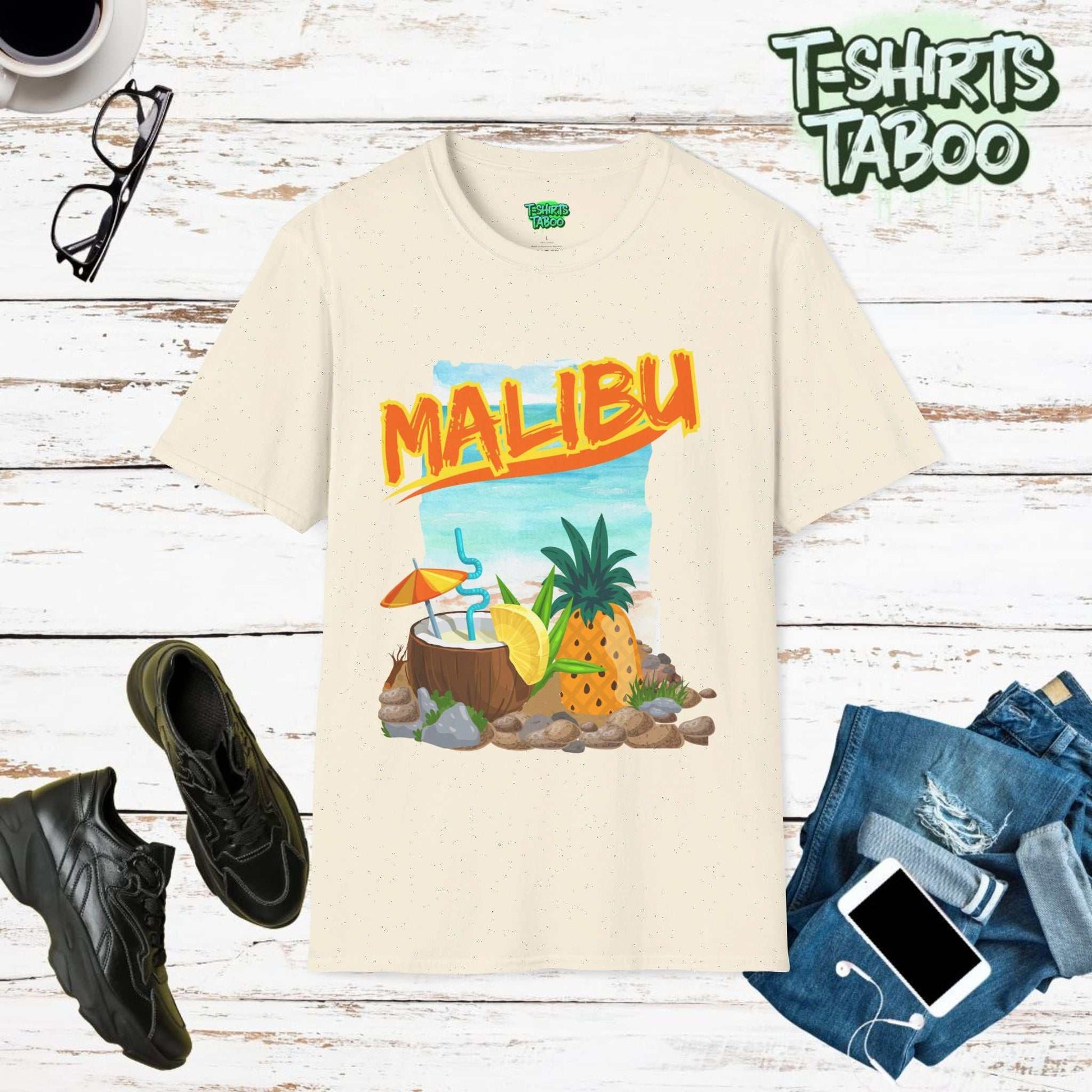 Malibu Short Sleeve Shirt with a graphic of a coconut cocktail and a pineapple with the backdrop of a beach. Malibu written at top. for kardamena Kos Island lovers. 