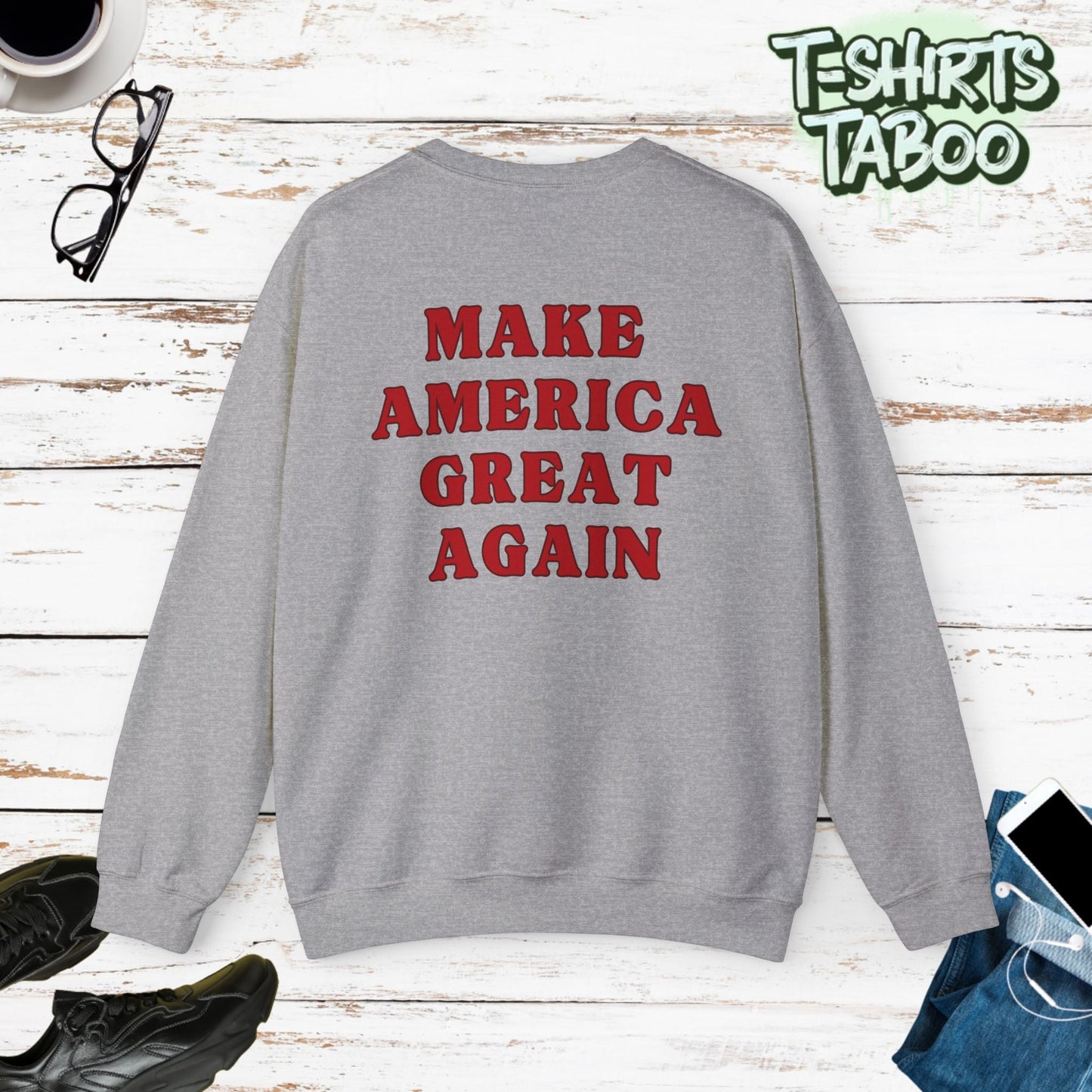 Celebrate record breaking returns with our clever political memorabilia 4547 Trump Sweatshirts with Donald Trump as the iconic Agent 47 holding duel Colt 45's Shop Now