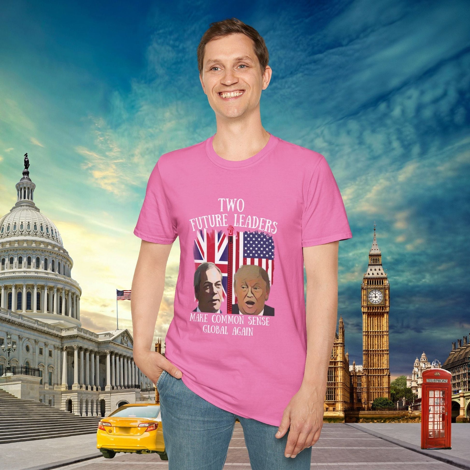 This powerful double-sided political statement t-shirt features thought-provoking messages on front and back. Our Trump shirts combines British and American politics