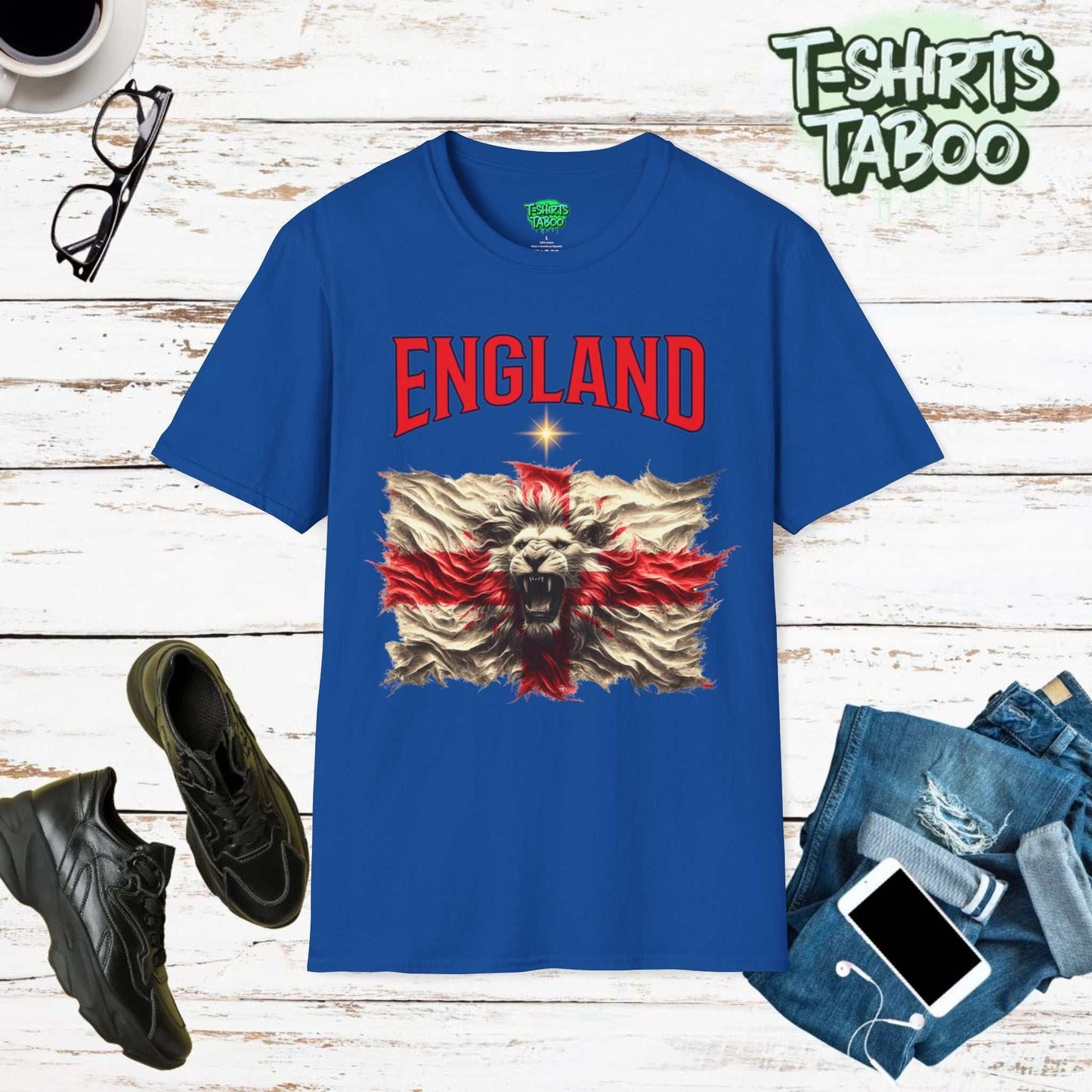 Roaring Lion Unique England Football Supporters Union Jack Flag Tshirtis a unique football t-shirt that is ideal for any England national football supporter and fans