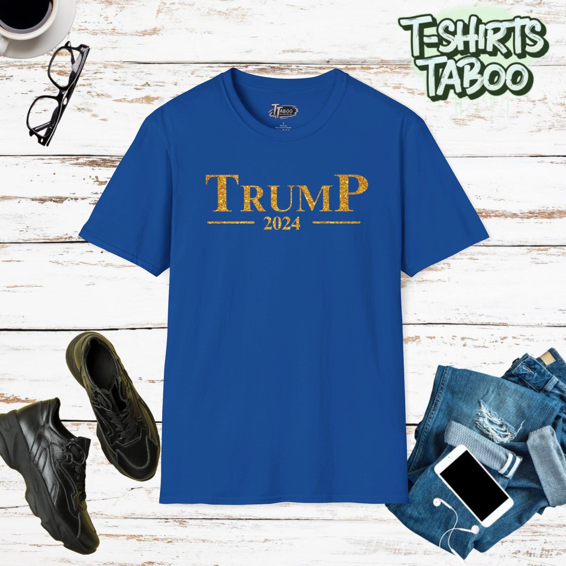 Trump shirt 2024 T-Shirt – Unisex, Sizes XS-5XL Show your support for Donald Trump with this stunning Trump 2024 t-shirt, featuring a bold gold glitter effect text.