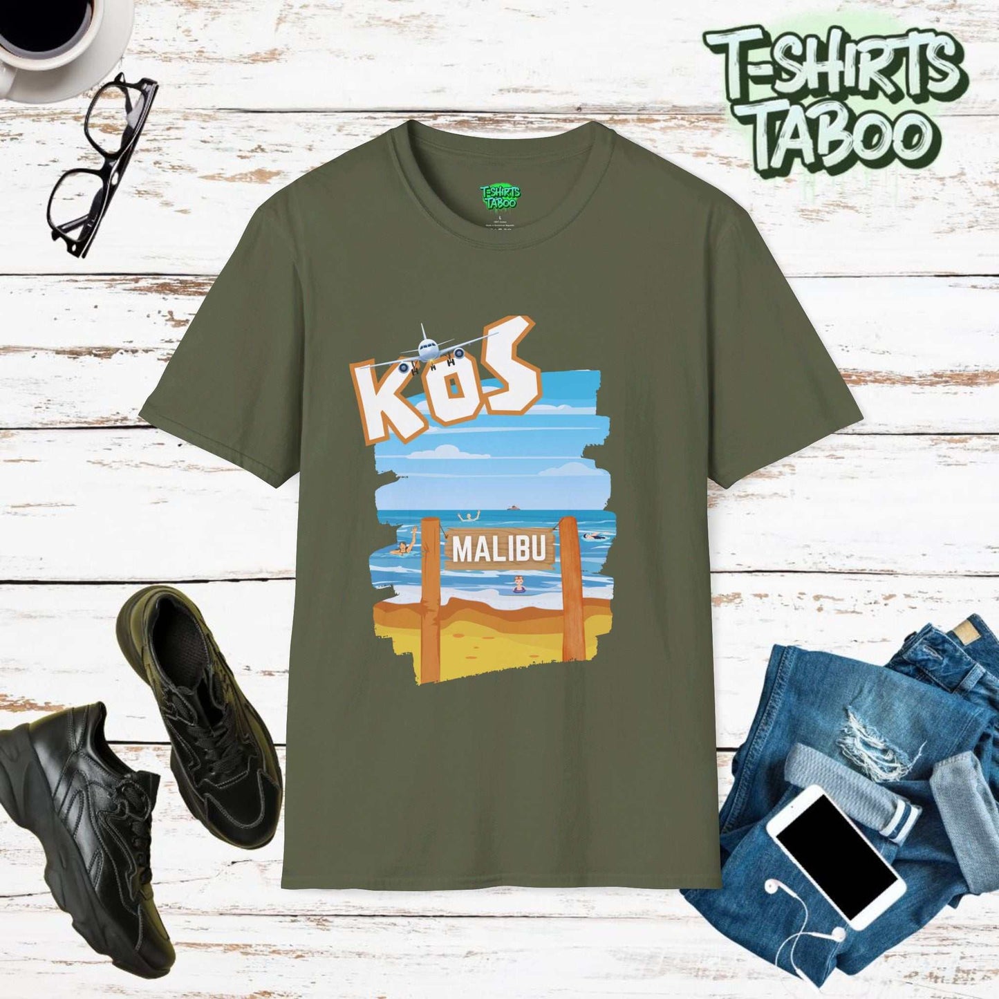 Malibu Short Sleeve Shirt with a graphic of holiday makers having fun on Malibu beach on the Greek Island of Kos - Shirt also has Kos at the top with a passenger jet